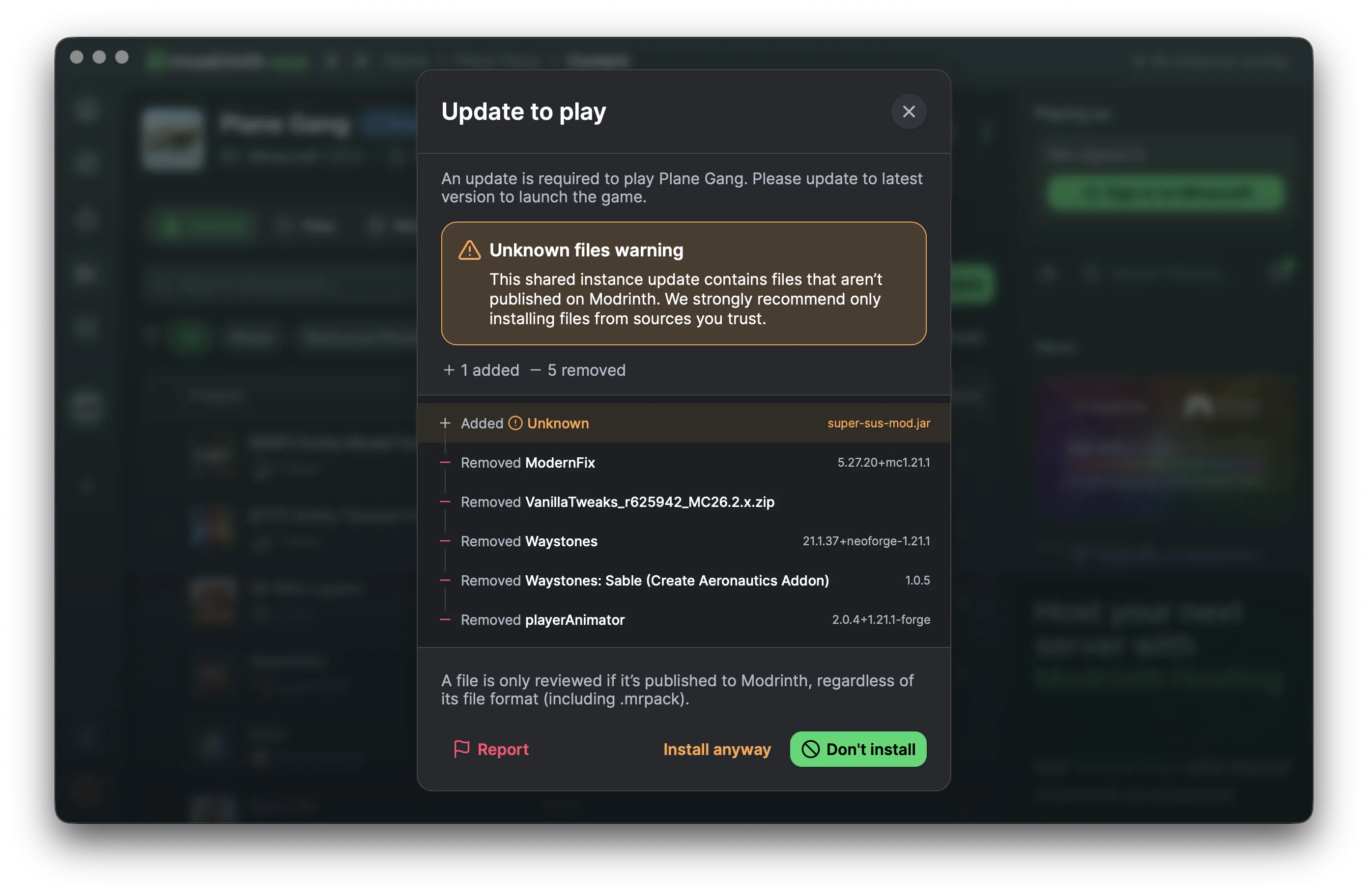 The review screen for an update to a shared instance.